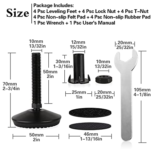 4 Set M10 Swivel Adjustable Leveling Feet, Heavy Duty Height Adjuster Furniture Leveler Foot with T Nut, Screw in Cabinet Table Chair Self Levelers Leg - 2" Base Dia & 2" Bolts Length - Black - style: Black Swivel Leg Levelers