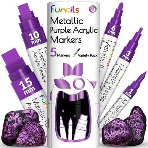 5 Metallic Acrylic Purple Paint Pen - Extra Fine Tip, Thin & Jumbo (1mm, 3mm, 6mm, 10mm, 15mm) - Markers for Fabric, Metal, Plastic, Canvas, Wood, Rock Painting, Glass, Purple Permanent Marker - color: Metallic Purple