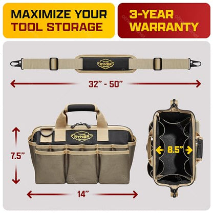 The Ryker Bag 14 Inch Wide Mouth Tool Bag Organizer Small Heavy Duty Tool Bags for Men/Women & Tool Organizer Tool Roll Small Car Portable Tool Bag Roll Up-Gifts for Dad