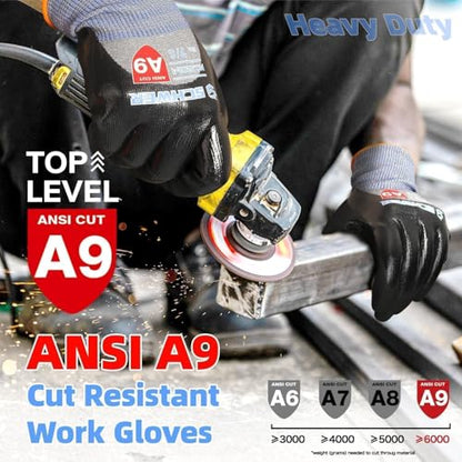 Schwer ANSI A9 Cut/Abrasion Resistant Gloves for Heavy Duty Work, 18 Gauge 3/4 Double Dipped Nitrile Coating for Construction, Gardening, Water & Oil Proof, Anti Slip, Touch Screen, PM3202, Black, XL - size: X-Large