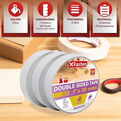 XFasten Double Sided Tape Clear, Removable, 1-Inch by 20-Yards, Pack of 3 Ideal as a Gift Wrap Tape, Holding Carpets, and Woodworking - size: 1 Inch x 20 Yards (3-Pack)
