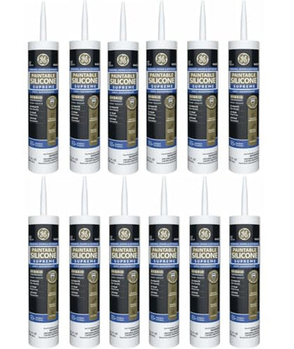 GE Supreme Paintable Silicone Caulk for Window & Door, White, 9.5 fl oz Cartridge, 12 Pack - 100% Waterproof Silicone Sealant, 7X Stronger Adhesion, Freeze & Sun Proof - size: Pack of 12