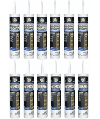 GE Supreme Paintable Silicone Caulk for Window & Door, White, 9.5 fl oz Cartridge, 12 Pack - 100% Waterproof Silicone Sealant, 7X Stronger Adhesion, Freeze & Sun Proof - size: Pack of 12