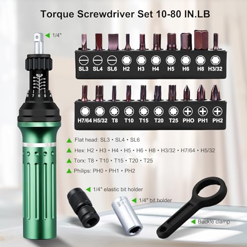 Torque Screwdriver 10-80 in.lb, Torque Screwdriver Set with 1/4" Elastic Bit Holder, 1/4" Bit Adapter, Flat, Hex, Torx and Philips Bits, Suitable for Gunsmithing, DIY, Bicycle Maintenance - size: 10-80 in-lb torque screwdriver set