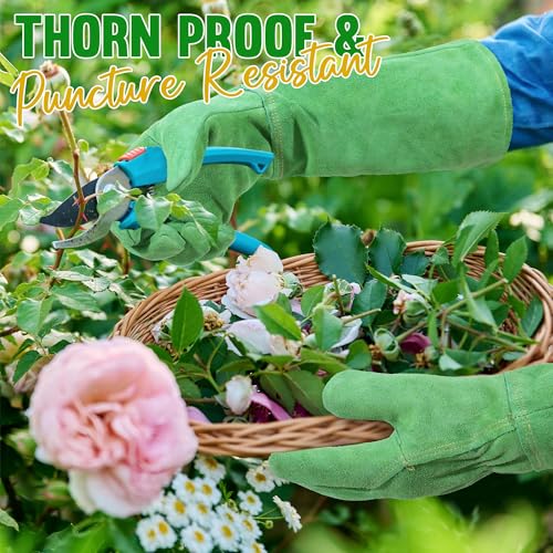 HANDLANDY Leather Gardening Gloves, Thorn Proof Long Gauntlet Heavy Duty Garden Gloves, Elbow Length Rose Pruning Weeding Yard Glove (Small, Green) - color: Green, size: Small (Pack of 1)