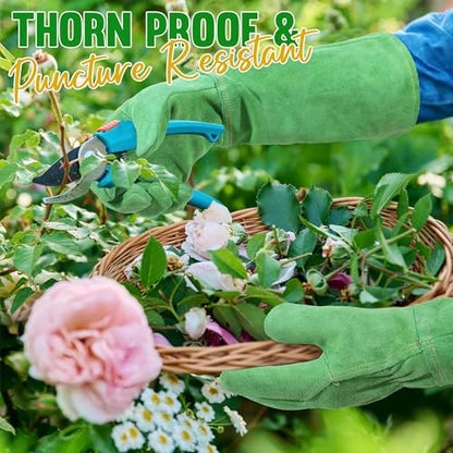 HANDLANDY Leather Gardening Gloves, Thorn Proof Long Gauntlet Heavy Duty Garden Gloves, Elbow Length Rose Pruning Weeding Yard Glove (Small, Green) - color: Green, size: Small (Pack of 1)