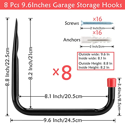 8 Pack Wall Mount Storage Hooks, 9.6IN Garage Utility Hanger for Ladder, Hold Chairs, Garden Tool, Hose, Bike Black +Red 9.6Inch x 8.8Inch