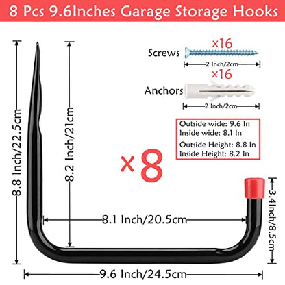 8 Pack Wall Mount Storage Hooks, 9.6IN Garage Utility Hanger for Ladder, Hold Chairs, Garden Tool, Hose, Bike Black +Red 9.6Inch x 8.8Inch