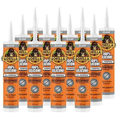 Gorilla 100% Silicone Sealant All Purpose, 10 Ounce Cartridge, Clear (Pack of 12) - color: Clear, size: 12 Pack
