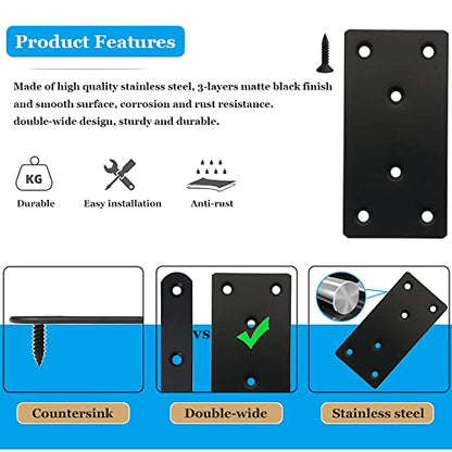 8 Pcs Black Flat Mending Plate Stainless Steel Flat Bracket 3.14 x 1.57 inch Metal Straight Bracket Repair Joining Fixing Mending Brace for Wood, with Screws