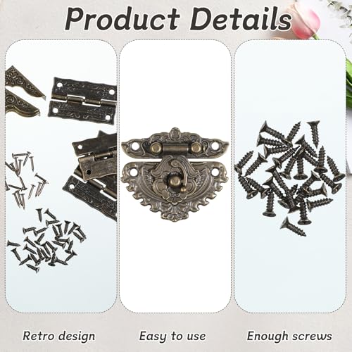 Jewelry Box Hardware, Antique Engraved Latch Hasp Jewelry Box Hinges and Corner Protectors Hardware Kit with Mounting Screws for Decorative Cabinet Small Wooden Boxes