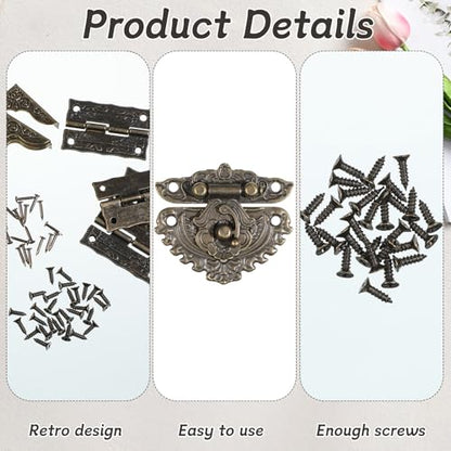 Jewelry Box Hardware, Antique Engraved Latch Hasp Jewelry Box Hinges and Corner Protectors Hardware Kit with Mounting Screws for Decorative Cabinet Small Wooden Boxes