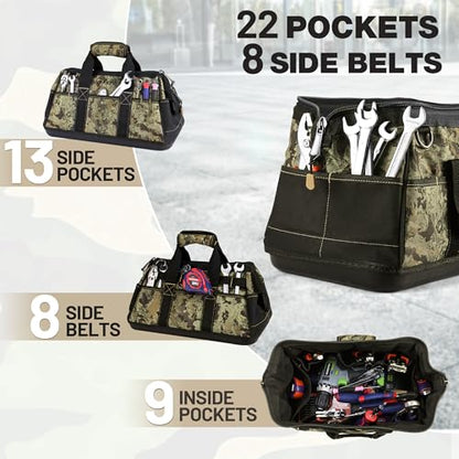 WORKPRO 16-Inch Wide Mouth Tool Bag, Multi-Pocket Tool Bags for Men with Adjustable Shoulder Strap, Waterproof Oxford Fabric and Sturdy Buttom - color: Camouflage