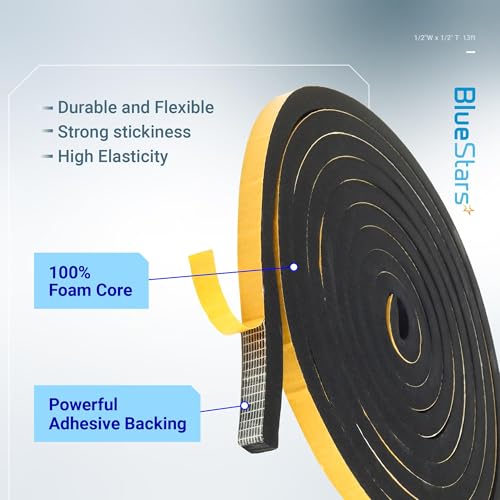 BlueStars Ultra Durable 1/2 in x 1/2 in 13FT Adhesive Foam Tape, Thermal Rubber Strip, for Doors & Windows, Soundproofing & Sealing
