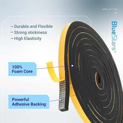 BlueStars Ultra Durable 1/2 in x 1/2 in 13FT Adhesive Foam Tape, Thermal Rubber Strip, for Doors & Windows, Soundproofing & Sealing