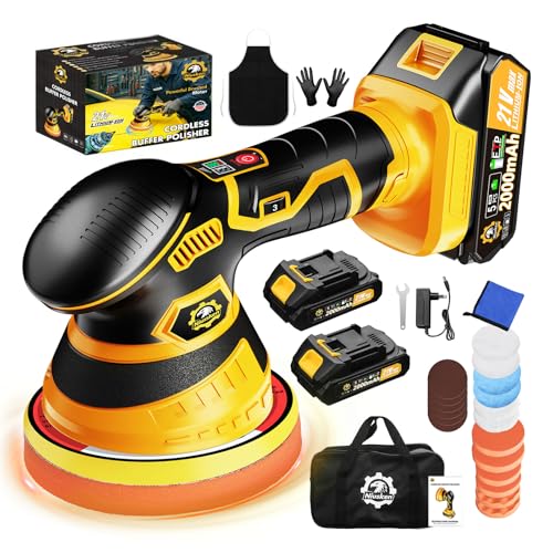Cordless Car Buffer Polisher kit [2x 2000mAh 21V Batteries & 18 PCS Attachments] 6-Speed Orbital Design, LED Display, Lightweight Detailing Tool for Waxing, Polishing & Scratch Removal-Yellow - color: Yellow