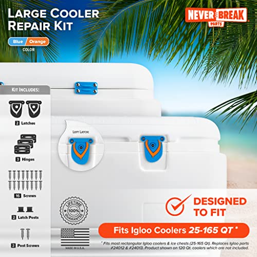 NeverBreak Parts - Igloo Cooler Replacement Parts - Large Repair Kit | High Strength Igloo Cooler Hinges Replacement with Latches | Ice Chest Repair Kit - color: Blue with Blue & Orange Flip-Flops