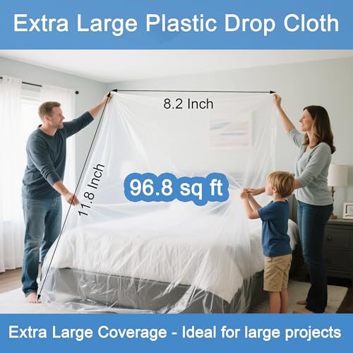 4 Pack Plastic Drop Cloth for Painting, Clear Thick Plastic Sheeting, Large Painters Paint Tarp, Dust Cover for Couch Floor Carpet, Furniture Protectors - Home Renovation Remodeling Cleaning, 8x12 Ft