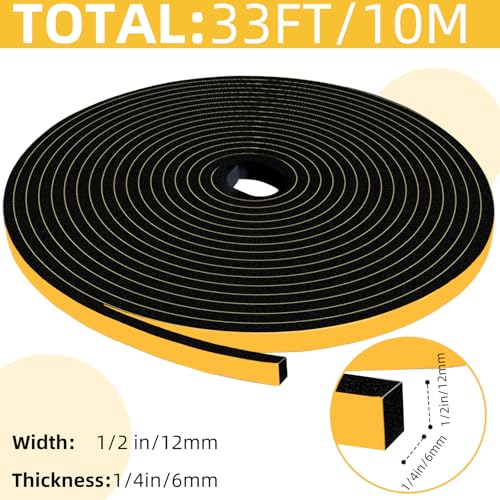 33Ft Weather Stripping Door Seal,Self Adhesive Weather Strip,Window Weather Stripping Sound Proof,Insulation,Strong Adhesive,Use for Door Frame/Window/Gaps(1/2 in x 1/4 in)