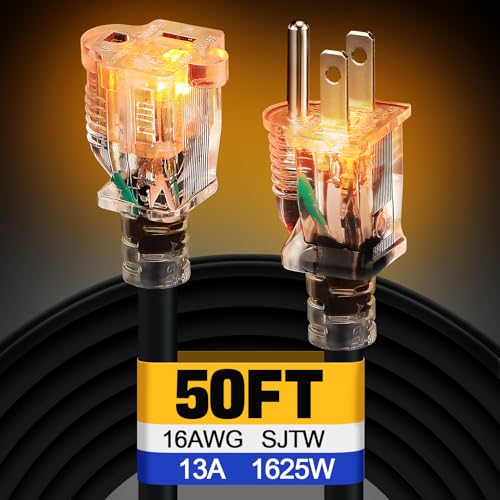 Lighted End Outdoor Extension Cord Waterproof -16AWG, 3 Prong, 13A, 1625W, Flexible Black Power Extension Cord for Outsides, 50ft - color: Black, size: 50ft
