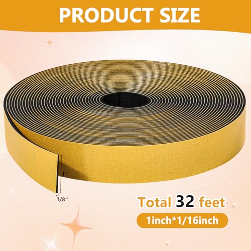 32Feet Weather Stripping Seal (1 Inch X 1/16 Inch) for Door Window, High Density Foam Tape, Soundproofing, Insulation Strip, Door Sealers for Door Frame- Black - size: 1 Inch X 1/16 lnch X 32Feet