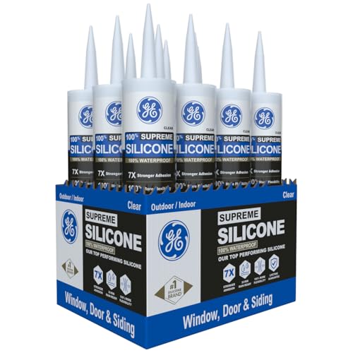 GE Supreme Silicone Caulk for Window & Door, Clear, 10 fl oz Cartridge, 12 Pack - 100% Waterproof Silicone Sealant, 7X Stronger Adhesion, Shrink & Crack Proof - color: Clear, size: Pack of 12