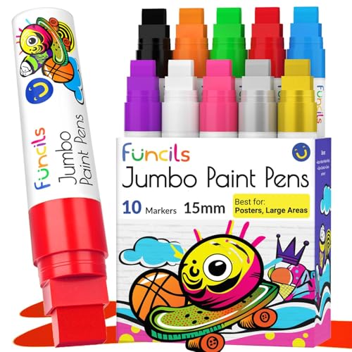10 Jumbo Acrylic Paint Markers - 15mm Fat Acrylic Paint Pens for Canvas, Rock Painting, Wood, Plastic, Glass - Large Thick Permanent Pens for Signs, Board, Calligraphy, Poster Markers - color: 10 - Multicolor, size: Water Based Ink