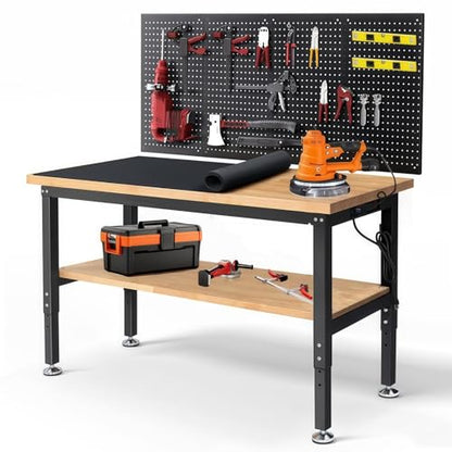 ENJOYWOOD 60" x 22" Heavy Duty Workbench Adjustable Height Garage Work Table with Solid Rubberwood Top, Pegboard & Power Outlets for Workshop, Home & Office - size: XXX-Large