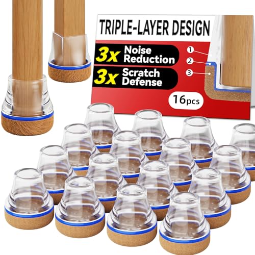 Chair Leg Floor Protectors for Hardwood Floors, Triple-Layer Design Silicone Chair Leg Caps, 3X Noise Reduction & 3X Anti-Scratch, Premium Durable Protectors for Dining Chairs (16pcs Fit 0.6"-0.75") - color: 16pcs Clear, size: Round-S (0.6-0.75inch)
