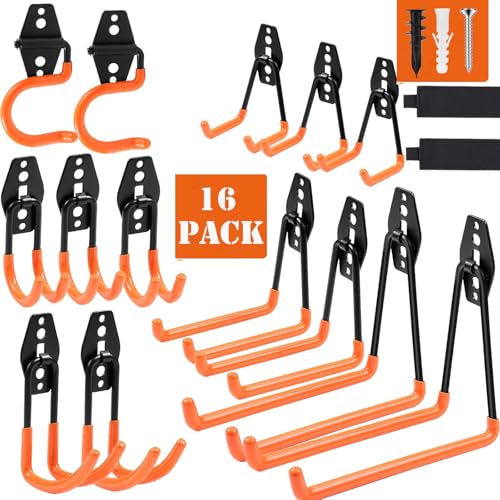 16 Pack Garage Hooks Heavy Duty, Industrial Wall Mount Garage Storage Hooks for Hanging Bike, Ladder and Garden Tools, Organization System with Mop Broom Holders, 100 LBS Capacity, Orange - color: Orange 16 pack