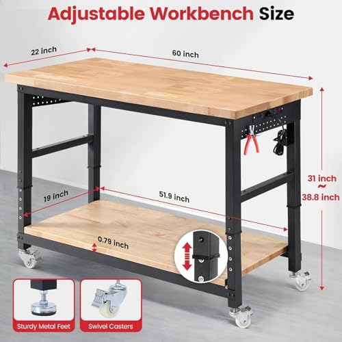 ENJOYWOOD 60" x 22" Heavy Duty Workbench with Wheels, Adjustable Height Garage Work Table with Solid Rubberwood Top, Double Layer Shelf, Sided Pegboard & Power Outlets for Home & Workshop - size: XX-Large