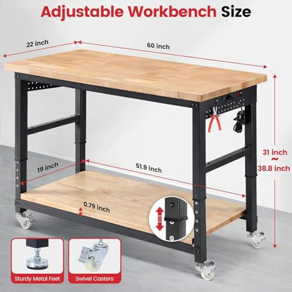 ENJOYWOOD 60" x 22" Heavy Duty Workbench with Wheels, Adjustable Height Garage Work Table with Solid Rubberwood Top, Double Layer Shelf, Sided Pegboard & Power Outlets for Home & Workshop - size: XX-Large