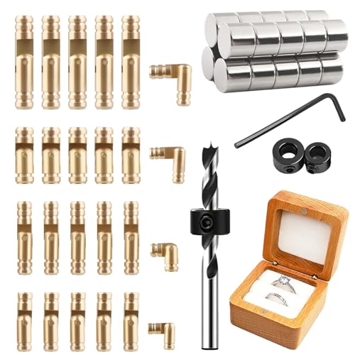 Brass Hidden Hinges Set with Magnets, 80 Piece, 40 Cylinder Hinges in 4 Sizes, 40 Neodymium Magnets, Drill Bit, Depth Stop Collar, 270 Degree Folding for Jewelry Box, Music Box, DIY Woodworking - color: B KIT