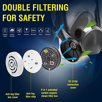 Full Face Respirator Mask - Reusable Large Face Gas Mask Professional Breathing Protection Against Dust/Organic Vapor/Formaldehyde/Chemical Perfect for Airbrush, Car Spraying, Sanding, Paint Work