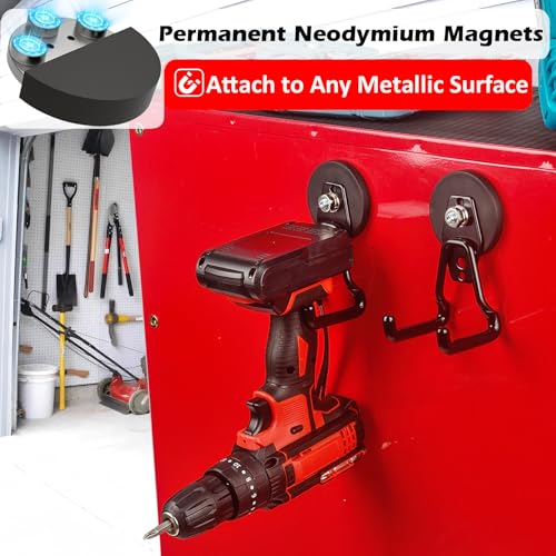 MUTUACTOR Upgraded Strong Magnetic Hooks Heavy Duty,4-Pack Unique Mounting Magnet with Hook,20lbs Durable Storage Magnet Hook for Storing Cordless Impact Drivers Trailer Cord Garage Tools - style: Updated 2.6in Magnet M Black Hooks 4PCS