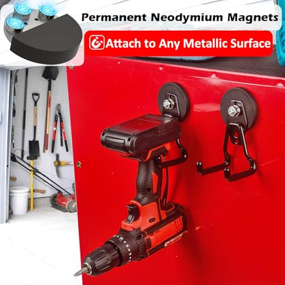 MUTUACTOR Upgraded Strong Magnetic Hooks Heavy Duty,4-Pack Unique Mounting Magnet with Hook,20lbs Durable Storage Magnet Hook for Storing Cordless Impact Drivers Trailer Cord Garage Tools - style: Updated 2.6in Magnet M Black Hooks 4PCS