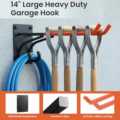 REEWII 14" Large Heavy Duty Garage Hooks, 4 Pack Double-Layer Steel Wall Hook,Non-Slip Coated Gardening Tool Hook for Tool Organization, Shed Storage, Ladder Hook, Car Tire Storage - size: 4 Pack