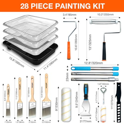 28 Pcs Paint Tray Set, Paint Brush for Wall, Paint Tray, 9" & 4" Paint Roller Covers with Roller Frame, Stainless Steel Pole, House Painting Supplies for Painting Walls, Ceilings, Trim - color: 28 Pack, 9" Paint Trays