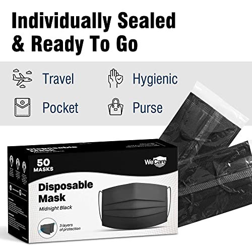 WECARE Disposable Face Mask Individually Wrapped - 50 Colored and Print Face Masks - color: Midnight Black
