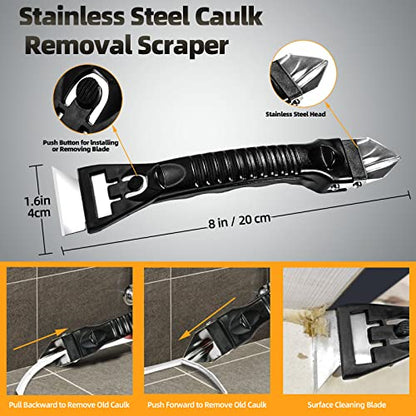 Caulk Removal Tool Kit Caulking Spatula Stainless Steel Head Grout Remover Angle Scraper Trowel with Sealant Finishing Tools Silicone Smoother with Storage Box for Window Siding Sink Joint