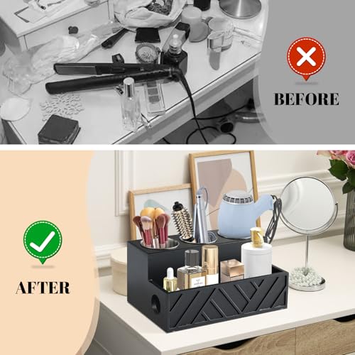 Unistyle Hair Tool Organizer, Wall Mounted, Bathroom Countertop, Vanity Organizer, Black, Wooden, Rectangular, Rustic, Art, 7.1 x 5.3 x 5.3 Inches, Paulownia Wood & Stainless Steel, 1.87 Pounds - color: Carving-Black