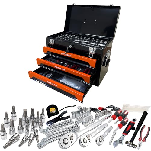Runboll Mechanics Tool Set 339-Piece 3-Drawer Toolbox with Tools Kits Included, with pliers, ball hammer, screwdrivers, wrenches, Hex Keys, and More - color: Orange, size: Toolbox w/ Kits