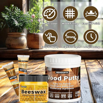 Wood Furniture Repair Kit, All-in-One Large Capacity Floor Repair Kit Include Wood Putty & 12 Colors Wood Touch Up Filler and Beeswax, Vinyl Floor Repair Kit for Scratch, Cracks, Stain, Holes