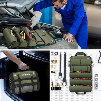 Tool Roll Up Bag, Gifts for Him Men Dad Husband Boyfriend Fathers Day, 1680D Portable Tool Storage for Men, Heavy Duty Tool Organizer with Detachable Pouches&Wrench Roll for Mechanic - style: Roll-1680D-Green