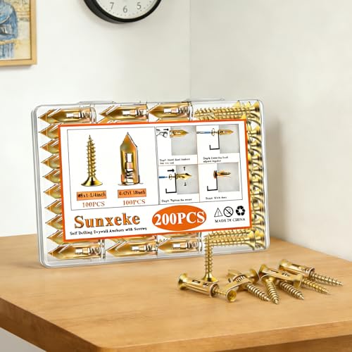 200Pcs Self Drilling Drywall Anchors with Screws Kit, 100 Sheetrock Anchors (0.47x1.18inch) & 100#8x1-1/4inch Zinc Screws, No Drill Needed, for Picture Frames, Wall Hanging, Art, Shelves - size: 0.47x1.18 Inch-200pcs