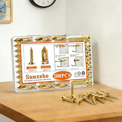 200Pcs Self Drilling Drywall Anchors with Screws Kit, 100 Sheetrock Anchors (0.47x1.18inch) & 100#8x1-1/4inch Zinc Screws, No Drill Needed, for Picture Frames, Wall Hanging, Art, Shelves - size: 0.47x1.18 Inch-200pcs