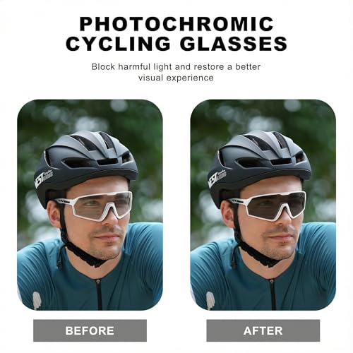 BangLong Photochromic Cycling glasses for Men Women, Clear Running MTB Sunglasses UV Protection - color: White Frame-photochromic