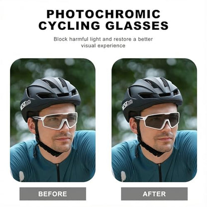 BangLong Photochromic Cycling glasses for Men Women, Clear Running MTB Sunglasses UV Protection - color: White Frame-photochromic