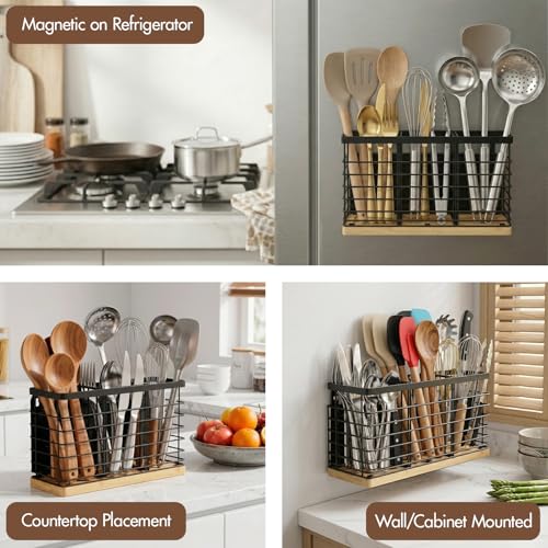 MSJGA Magnetic Utensil Holder for Fridge - 3 Compartment Wall Mounted & Countertop Metal Utensil Organizer with Bamboo Base, Kitchen Utensil Caddy for Spoons, Forks, Knives, Black