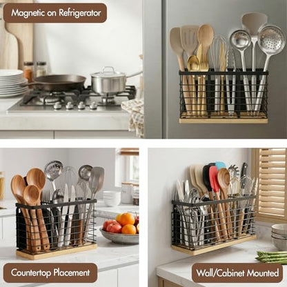 MSJGA Magnetic Utensil Holder for Fridge - 3 Compartment Wall Mounted & Countertop Metal Utensil Organizer with Bamboo Base, Kitchen Utensil Caddy for Spoons, Forks, Knives, Black